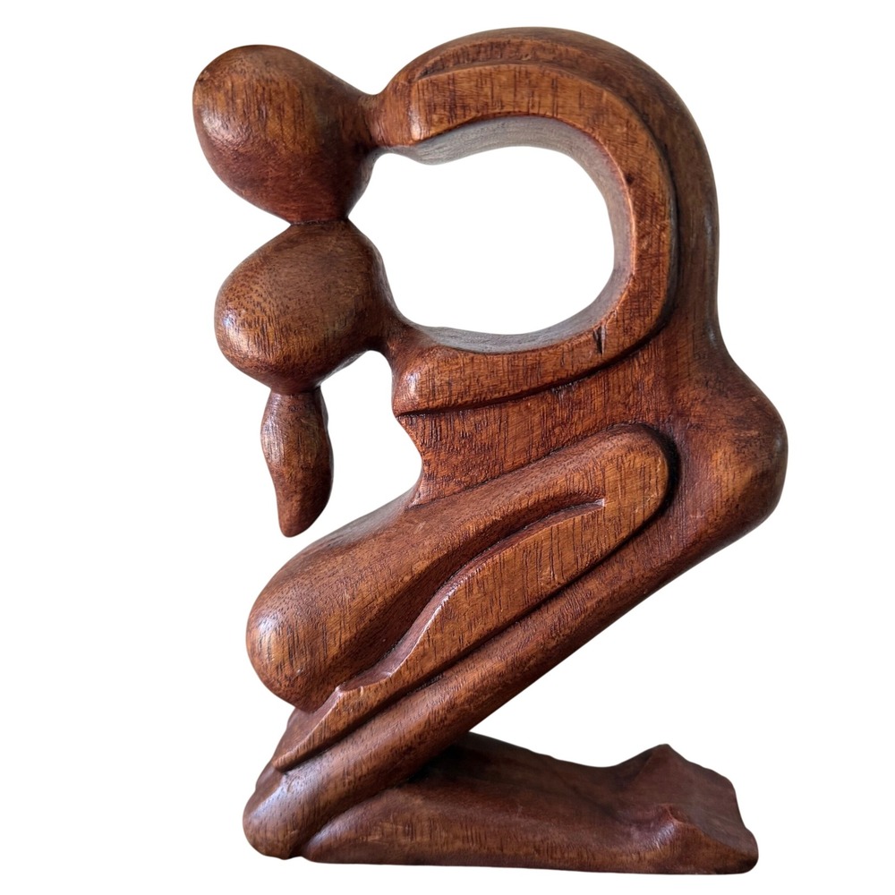 Hand Carved Abstract Wood Sculpture Kneeling Figure Mid Century Modern Decor